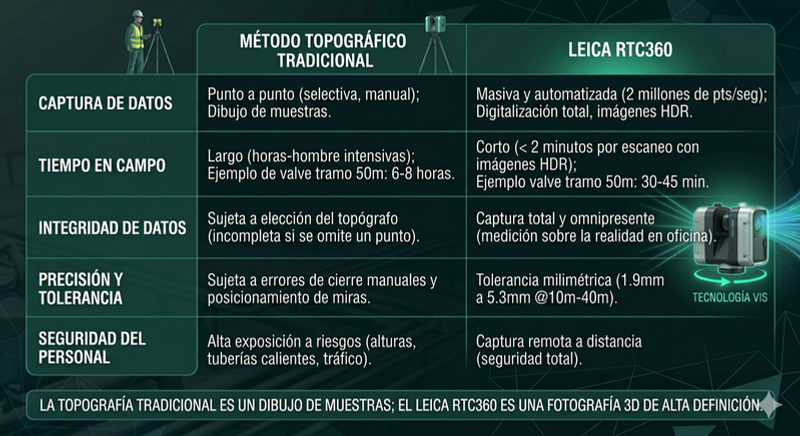 Tabla Comparativa Topografía Tradicional vs Leica RTC360